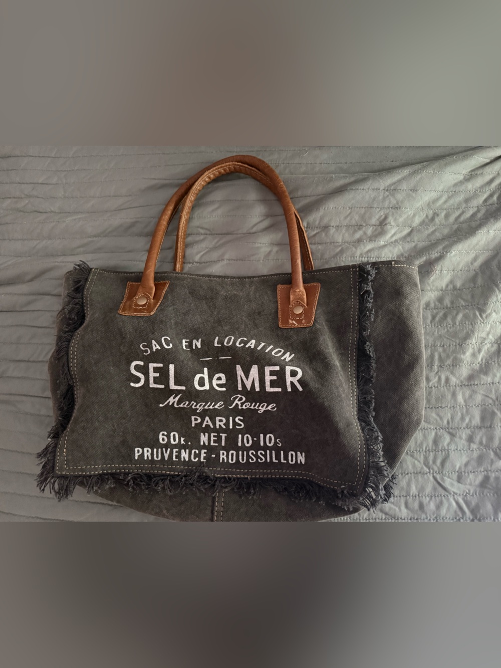 Myra Bag Gray Canvas 'SEL de MER' Tote with Brown Leather Handles
